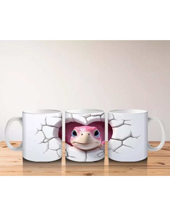 Çatlak Kalpten Bakan Sevimli Kaplumbağa Maskot – Baskılı Kahve Kupası