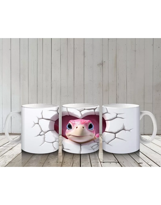 Çatlak Kalpten Bakan Sevimli Kaplumbağa Maskot – Baskılı Kahve Kupası