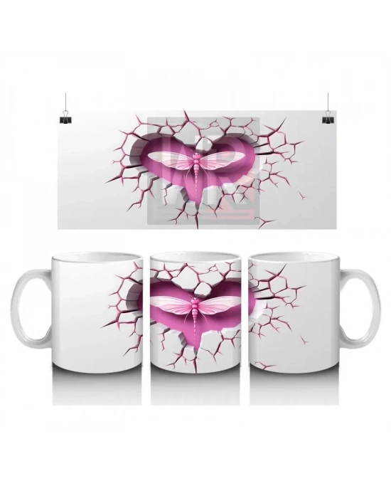 Çatlak Pembe Duvar Üzerinde Kalpli Yusufçuk – Baskılı Kahve Kupası