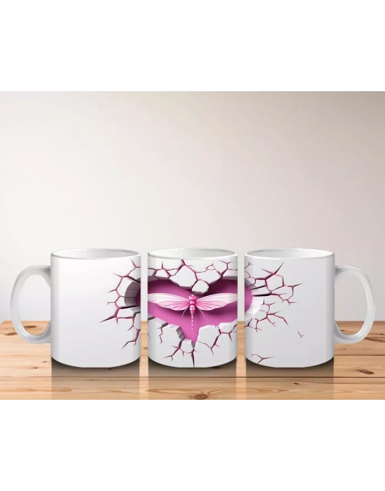 Çatlak Pembe Duvar Üzerinde Kalpli Yusufçuk – Baskılı Kahve Kupası