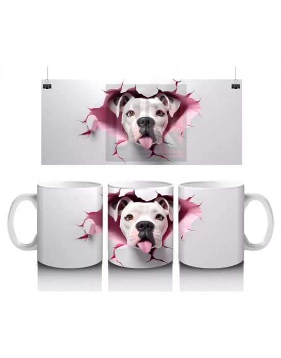 Çatlak Pembe Zeminden Bakan Sevimli Beyaz Köpek - Baskılı kahve kupası