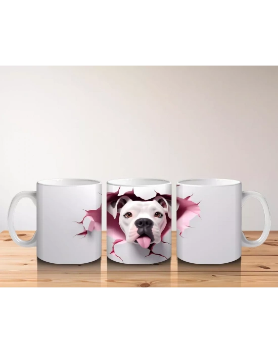 Çatlak Pembe Zeminden Bakan Sevimli Beyaz Köpek - Baskılı kahve kupası