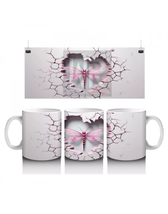 Çatlak Zemin Üzerinde Pembe Kanatlı Yusufçuk – Baskılı Kahve Kupası