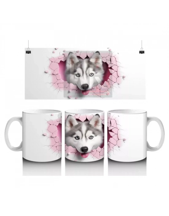 Çatlak Zeminden Bakan Sevimli Husky İllüstrasyonu - Baskılı kahve kupası