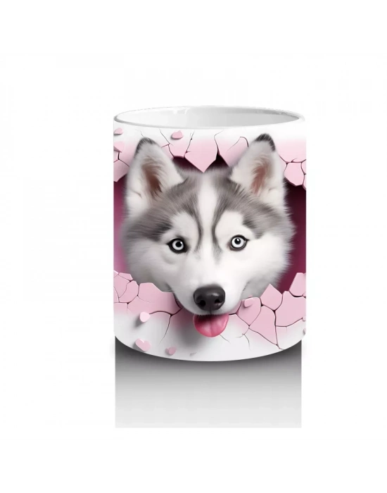 Çatlak Zeminden Bakan Sevimli Husky İllüstrasyonu - Baskılı kahve kupası