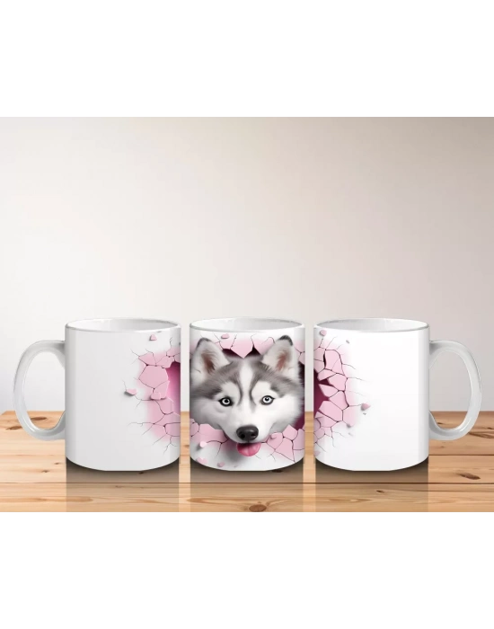 Çatlak Zeminden Bakan Sevimli Husky İllüstrasyonu - Baskılı kahve kupası
