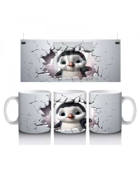 Çatlak Zeminden Bakan Sevimli Penguen İllüstrasyonu - Baskılı kahve kupası