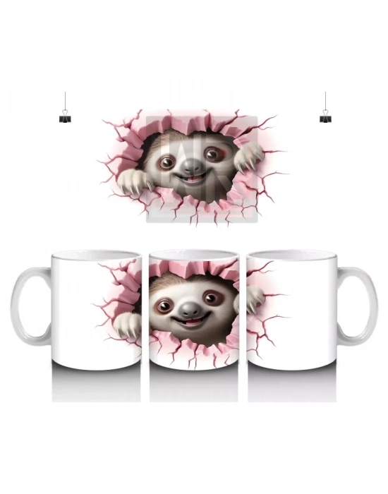 Çatlak Zeminden Bakan Sevimli Tembel Hayvan Figürü - Baskılı kahve kupası