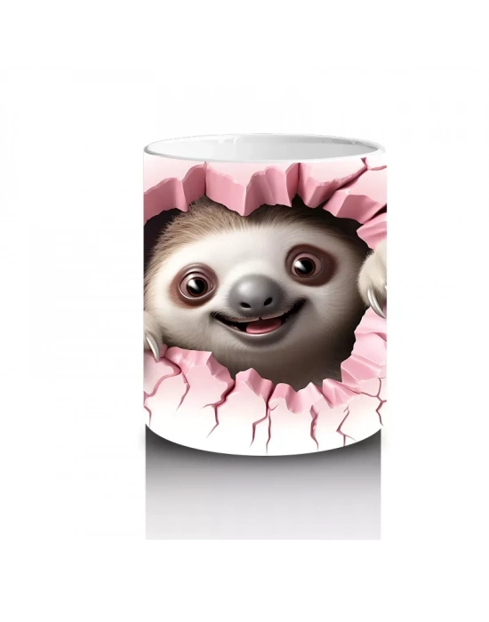 Çatlak Zeminden Bakan Sevimli Tembel Hayvan Figürü - Baskılı kahve kupası
