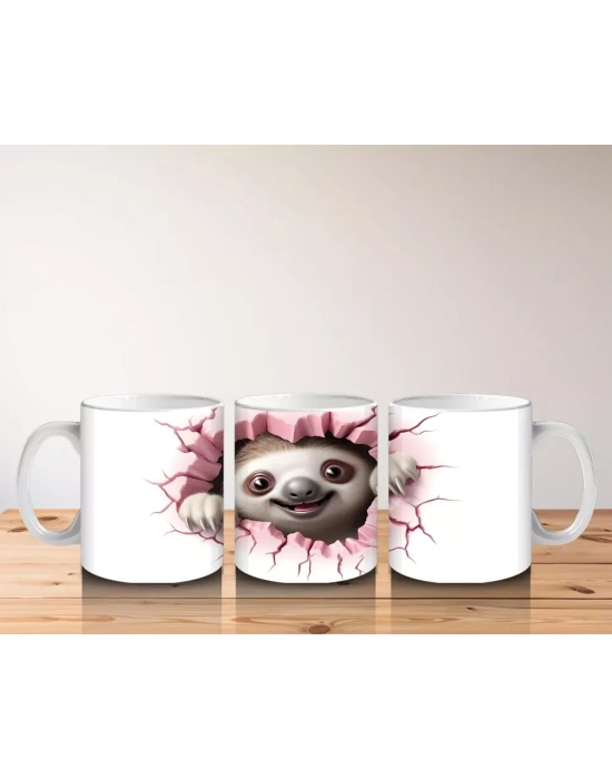 Çatlak Zeminden Bakan Sevimli Tembel Hayvan Figürü - Baskılı kahve kupası