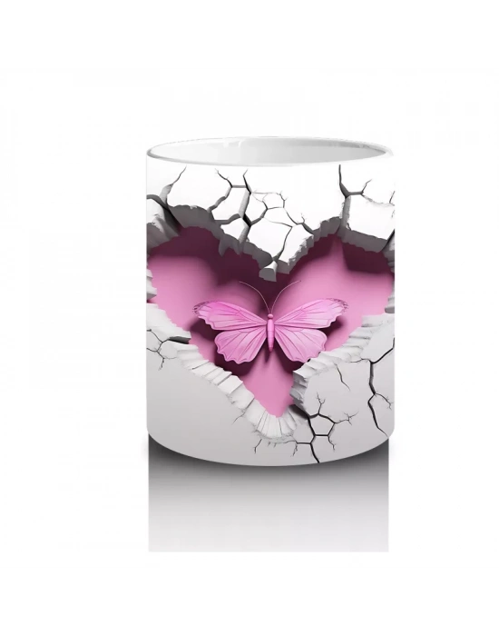 Çatlak Zeminden Yükselen Pembe Kelebek Deseni - Baskılı kahve kupası