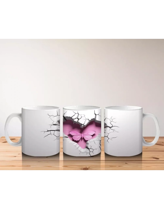 Çatlak Zeminden Yükselen Pembe Kelebek Deseni - Baskılı kahve kupası
