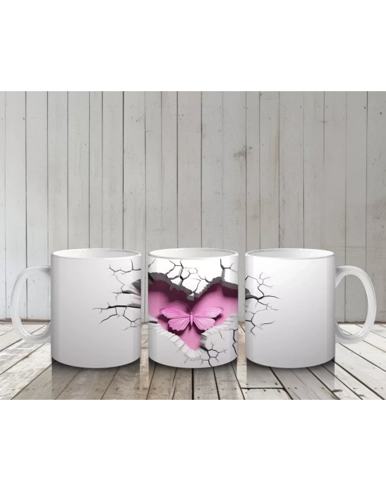 Çatlak Zeminden Yükselen Pembe Kelebek Deseni - Baskılı kahve kupası