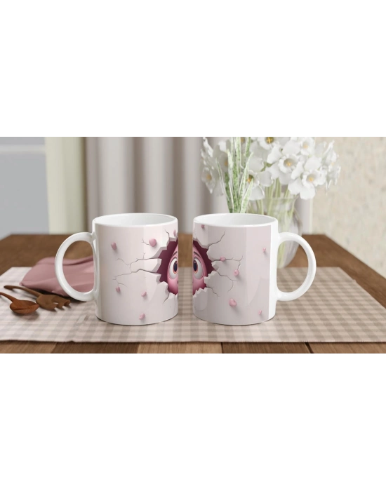 Çatlaktan Bakan Karikatürik Yüzlü Sevimli Canlı Temalı Baskılı Kupa Bardak