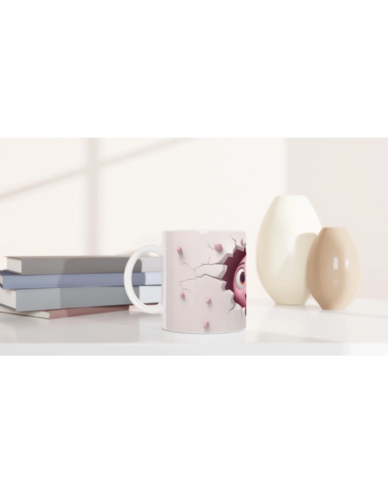 Çatlaktan Bakan Karikatürik Yüzlü Sevimli Canlı Temalı Baskılı Kupa Bardak