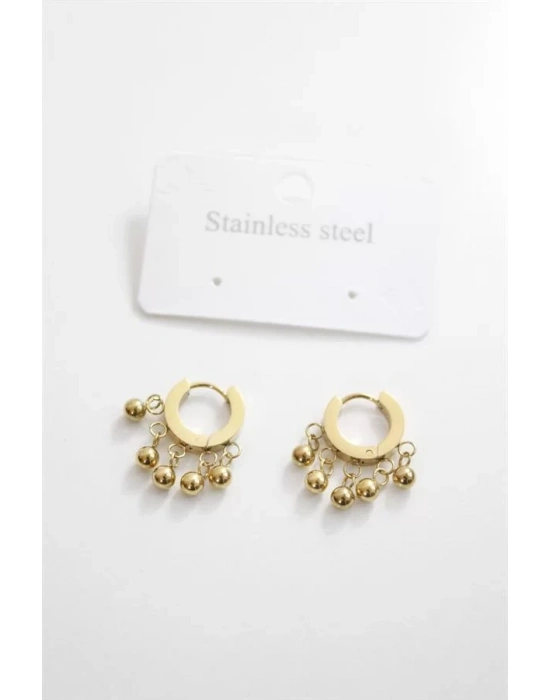 Çelik Boncuklu Halka Küpe - Altın