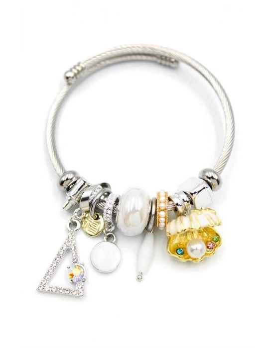 Çelik Charmlı İncili Deniz Kabuğu Bilezik - Beyaz