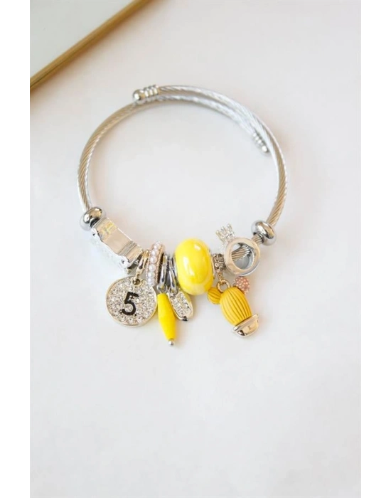 Çelik Charmlı Kaktüs Bilezik - Sarı