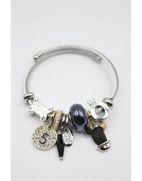 Çelik Charmlı Kaktüs Bilezik - Siyah