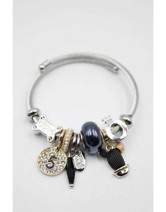 Çelik Charmlı Kaktüs Bilezik - Siyah