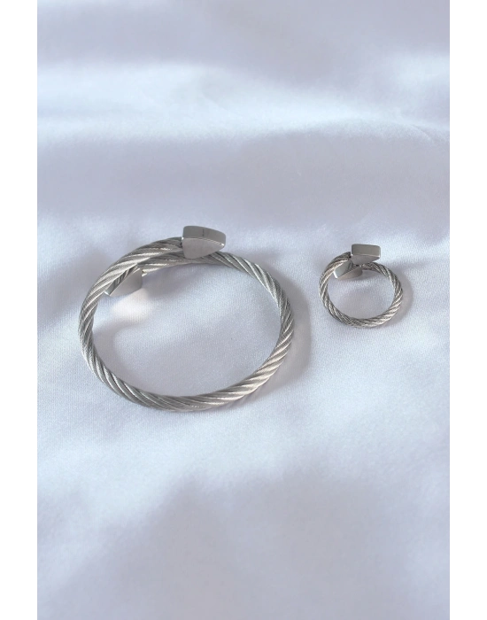 ® Çelik Gümüş Renk Burgu Model Erkek Bileklik Yüzük Seti