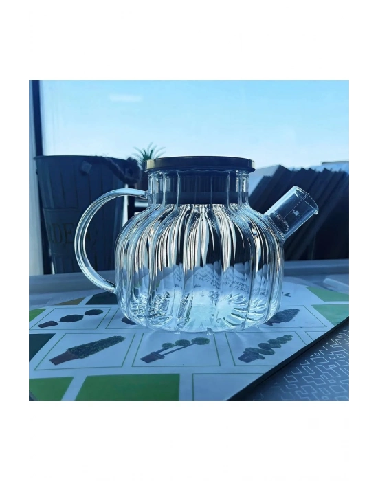 Çelik Kapaklı Borosilikat Dilimli Model Süzgeçli Cam Demlik Bitki Çayları 1000 Ml Royaleks-CM-2001