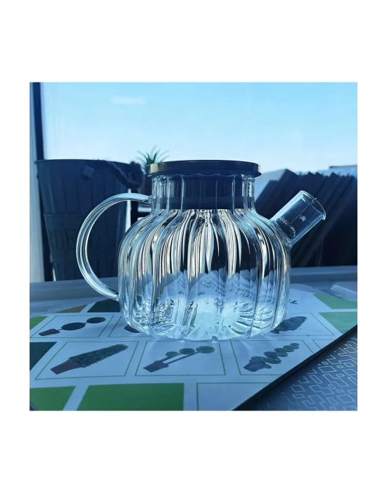 Çelik Kapaklı Borosilikat Dilimli Model Süzgeçli Cam Demlik Bitki Çayları 1000 Ml Royaleks-CM-2001