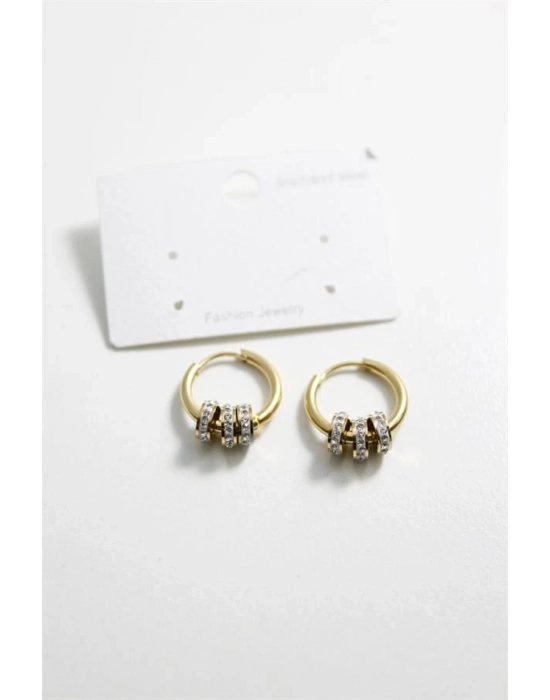 Çelik Taşlı Halka  Küpe - Altın