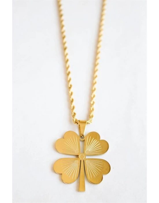 Çelik Yonca Kolye - Altın