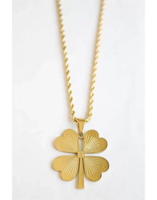 Çelik Yonca Kolye - Altın