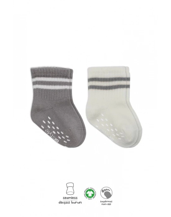 ®   Çemberli Kaymaz Soket Çorap 2Li BS10125 Gri Ekru