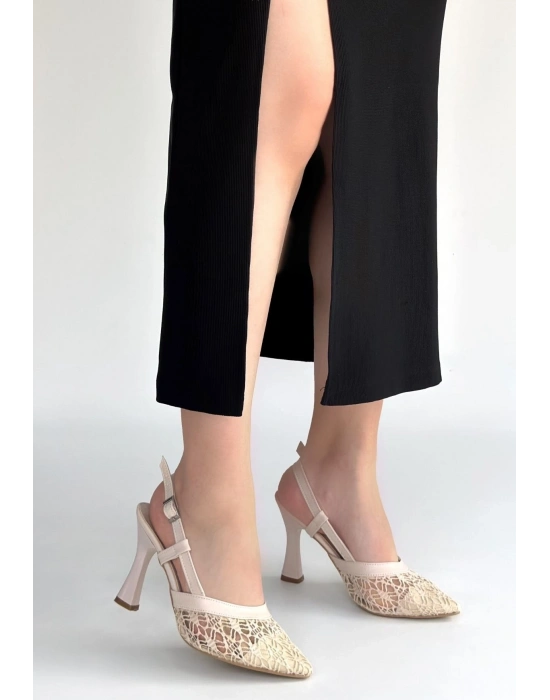 Ceta Bej Cilt Tül Detaylı Topuklu Ayakkabı