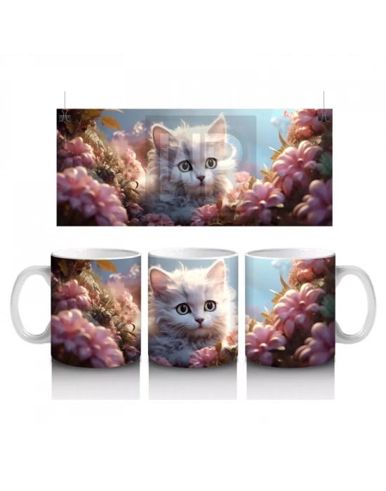 Çiçek Bahçesi Arasında Parlayan Kedi – Baskılı Kahve Kupası