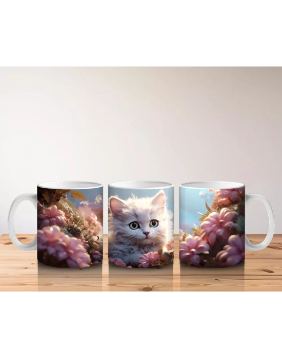 Çiçek Bahçesi Arasında Parlayan Kedi – Baskılı Kahve Kupası