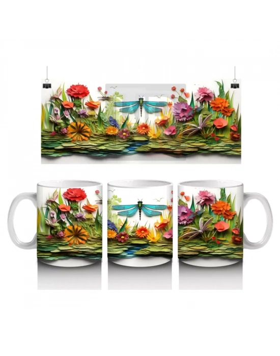 Çiçek Bahçesi Arasında Uçan Yusufçuk – Baskılı Kahve Kupası