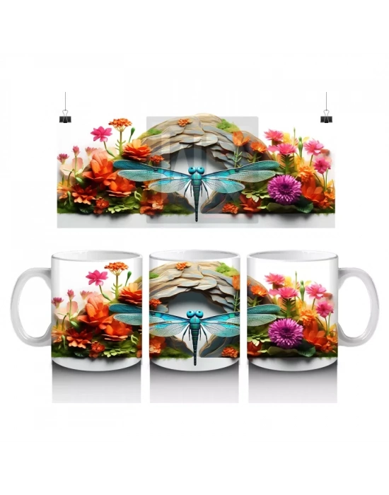 Çiçek Bahçesinde Mavi Kuşlar ve Yusufçuk - Baskılı Kahve Kupası