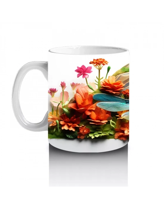 Çiçek Bahçesinde Mavi Kuşlar ve Yusufçuk - Baskılı Kahve Kupası