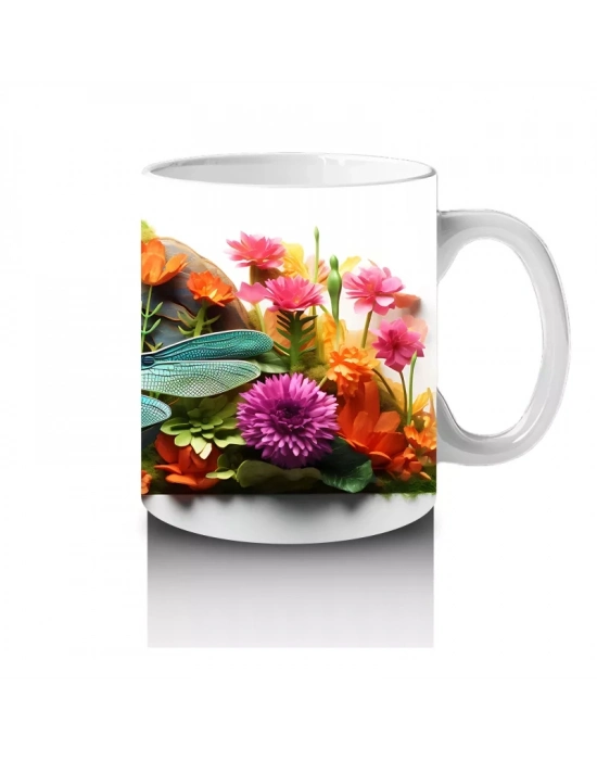 Çiçek Bahçesinde Mavi Kuşlar ve Yusufçuk - Baskılı Kahve Kupası