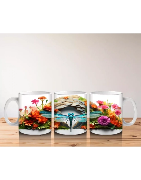 Çiçek Bahçesinde Mavi Kuşlar ve Yusufçuk - Baskılı Kahve Kupası