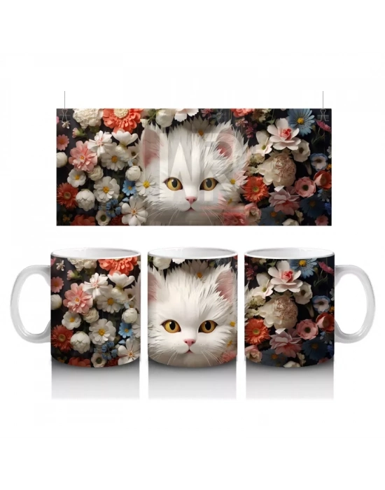 Çiçek Bahçesinde Oturan Pofuduk Beyaz Kedi Kupa Bardak