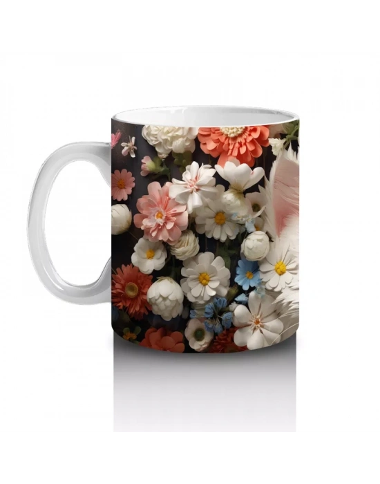 Çiçek Bahçesinde Oturan Pofuduk Beyaz Kedi Kupa Bardak