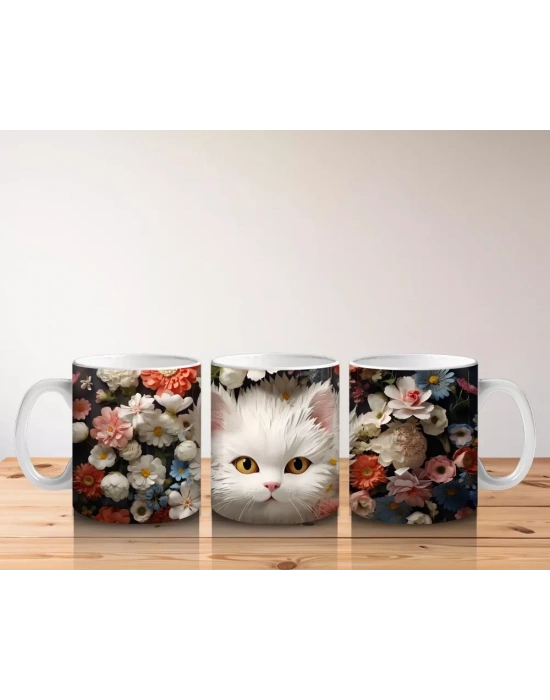 Çiçek Bahçesinde Oturan Pofuduk Beyaz Kedi Kupa Bardak