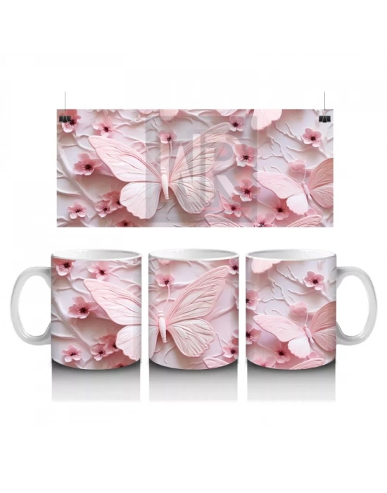 Çiçek Bahçesinde Pastel Pembe Kelebek – Baskılı Kahve Kupası