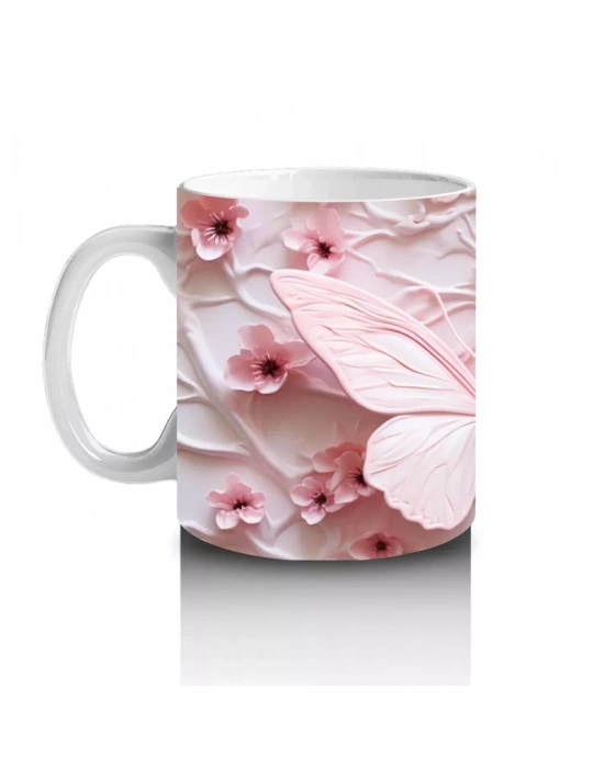 Çiçek Bahçesinde Pastel Pembe Kelebek – Baskılı Kahve Kupası