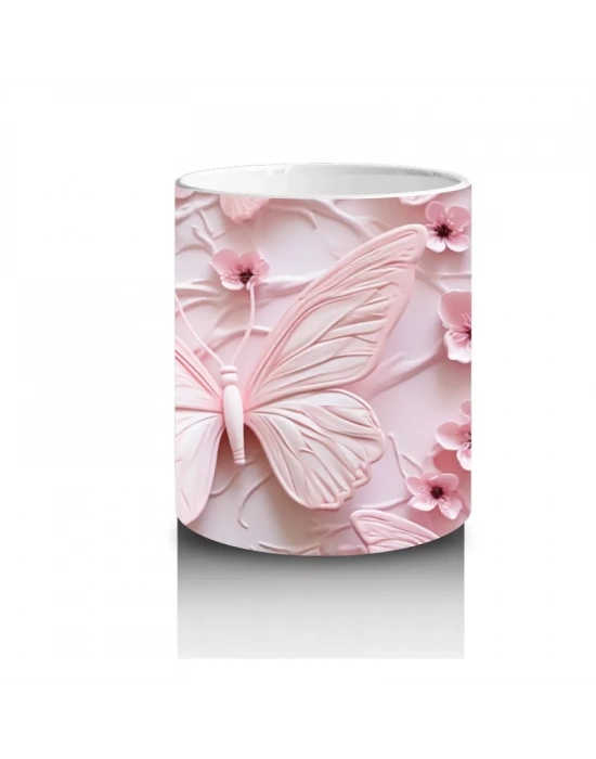 Çiçek Bahçesinde Pastel Pembe Kelebek – Baskılı Kahve Kupası