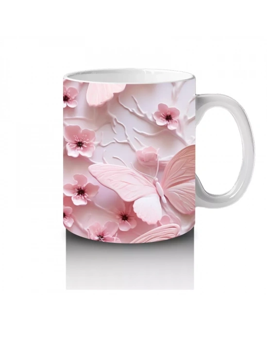 Çiçek Bahçesinde Pastel Pembe Kelebek – Baskılı Kahve Kupası