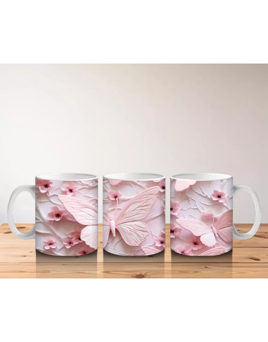 Çiçek Bahçesinde Pastel Pembe Kelebek – Baskılı Kahve Kupası