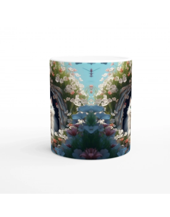 Çiçek Bahçesinde Saklanan Beyaz Kedi Temalı Baskılı Kupa Bardak