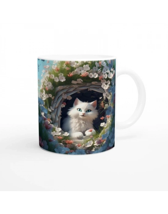 Çiçek Bahçesinde Saklanan Beyaz Kedi Temalı Baskılı Kupa Bardak