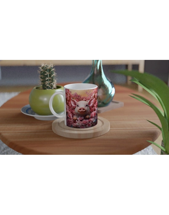 Çiçek Bahçesindeki Sevimli Domuz Temalı Baskılı Kupa Bardak